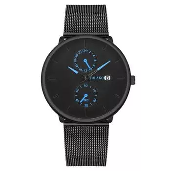 Модные мужские часы с календарем Two Eyes Blue Needle, кварцевые часы с миланским ремешком и сетчатым ремешком