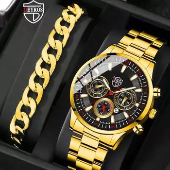 Модные мужские часы с круглым циферблатом, мужские наручные часы из нержавеющей стали, деловые мужские кварцевые часы, набор браслетов, мужские часы с датой серебряный