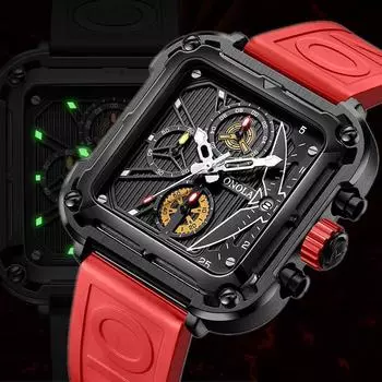 Модные мужские часы с квадратным циферблатом из кожи, роскошные спортивные водонепроницаемые часы, мужские кварцевые наручные часы с хронографом Montre Homme+коробка зелёный