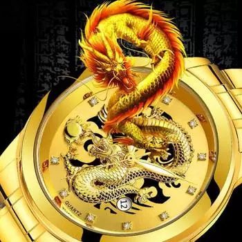 Модные мужские часы унисекс с квадратным бриллиантовым календарем, стальным ремешком, водонепроницаемые, немеханические, деловые, мужские часы с китайским драконом