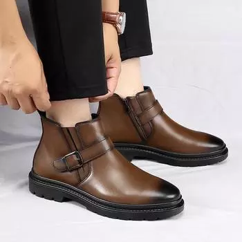 Модные мужские деловые ботинки с боковой молнией, новые зимние ботинки, новые роскошные брендовые мужские мотоциклетные ботинки, высокие универсальные кожаные туфли 39 коричневый