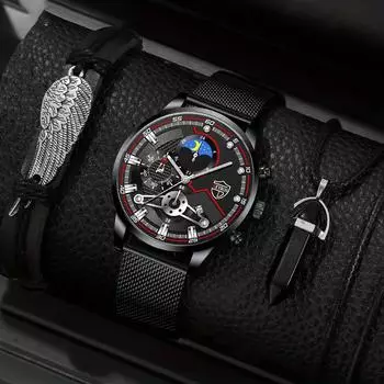 Модные мужские деловые часы, мужские часы с круглым указателем и сетчатым ремешком, повседневные мужские кварцевые наручные часы, комплект с браслетом и ожерельем серебряный