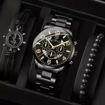 Модные мужские деловые часы, мужские круглые указатели, календарь, кварцевые часы, роскошные мужские наручные часы, браслет, комплект ожерелья серебряный