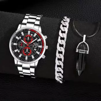 Модные мужские деловые часы, мужские кварцевые часы с календарем, повседневные мужские наручные часы из нержавеющей стали, браслет, комплект ожерелья