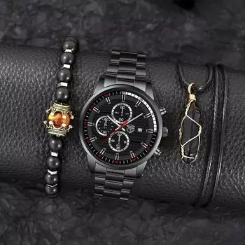 Модные мужские деловые часы, мужские кварцевые наручные часы из нержавеющей стали, мужские кварцевые часы с календарем, браслет, ожерелье, набор часов с датой чёрный/золотистый