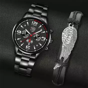 Модные мужские деловые часы, мужские наручные часы с ремешком из нержавеющей стали, мужские кварцевые часы, браслет, набор, мужские часы с датой ярко-розовый