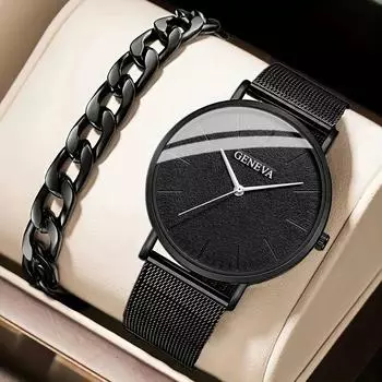 Модные мужские деловые часы, повседневные мужские часы из нержавеющей стали с сетчатым ремнем, наручные часы, браслет, набор часов с датой
