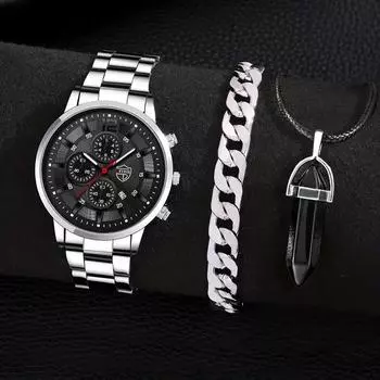Модные мужские деловые часы, роскошные мужские часы из нержавеющей стали, мужские кварцевые наручные часы, браслет, шейный комплект, часы с датой