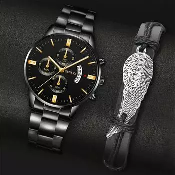 Модные мужские деловые часы, роскошный мужской календарь, наручные часы с ремешком из нержавеющей стали, мужские кварцевые часы, браслет, набор, часы с датой золотистый/серебряный