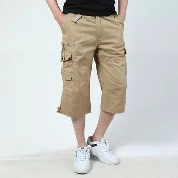 Модные мужские дышащие брюки, цветные прямые однотонные брюки с карманами, летние мужские повседневные короткие брюки-карго, свободный крой ниже колена S хаки