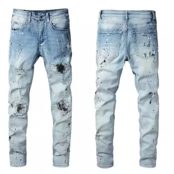 Модные мужские джинсовые микроэластичные хлопковые молодежные светло-голубые джинсы с пятнами краски и заплатками 28