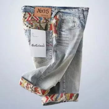 Модные мужские джинсовые шорты, новые летние лоскутные укороченные брюки с вышивкой в стиле ретро, индивидуальные брюки 28 синий