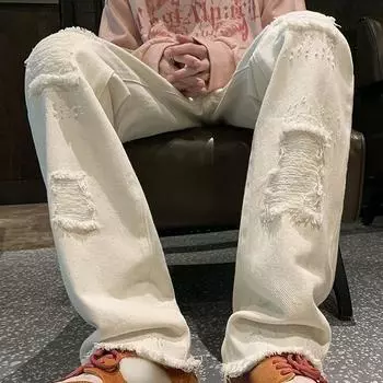 Модные мужские джинсы, дизайнерские брюки в стиле хип-хоп, джинсовые брюки с грубыми краями, мужские джинсы высокого качества в стиле ретро S белый