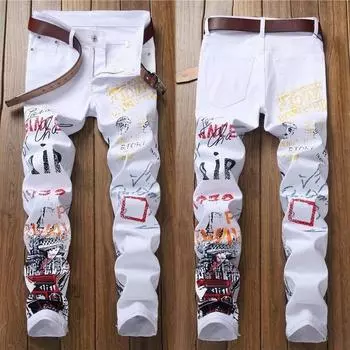 Модные мужские джинсы для ночного клуба, черно-белые, персональные дизайнерские принтованные джинсы, мужские панк-штаны, узкие джинсы в стиле хип-хоп 38 белый