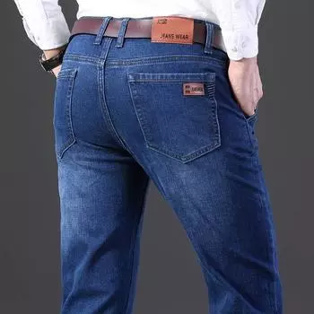 Модные мужские джинсы средней талии, прямые, летние, тонкие, облегающие, эластичные, длинные брюки 28