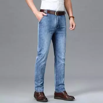 Модные мужские джинсы тонкого сечения, свободные прямые деловые повседневные эластичные мужские брюки для папы среднего возраста 29