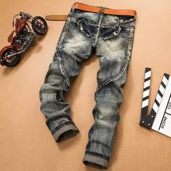 Модные мужские джинсы в стиле ретро, узкие прямые брюки с потертостями, джинсы 29 джинсовый синий