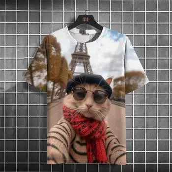 Модные мужские футболки с рисунком животных, 3D-принт с изображением кошек, футболка большого размера с коротким рукавом, повседневная мужская и женская футболка с круглым вырезом S