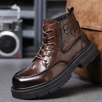 Модные мужские хлопковые туфли на шнуровке с высоким голенищем из кожи, теплые меховые, супер толстые хлопковые ботинки для улицы, плюшевые зимние мотоциклетные ботинки для мужчин 38