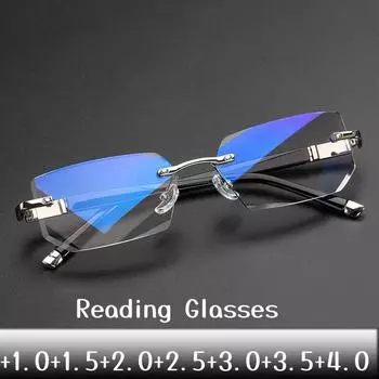 Модные мужские и женские квадратные очки для чтения, деловые очки без оправы с линзами HD, женские модные очки для коррекции зрения при пресбиопии +1,0 до +4,0 1.5 золотой