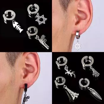 Модные мужские и женские панк-серьги Fishbone из титановой стали серебристо-черного цвета 1 шт., железная башня, призрачная рука, без ушей, серьги-гвоздики без проколотого уха, геккон