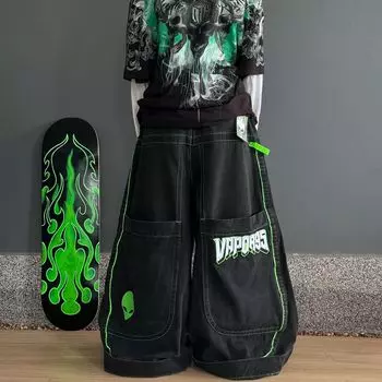 Модные мужские и женские трендовые джинсы в стиле хип-хоп с большими карманами и широкими штанинами, винтажные потертые джинсы High Street, мешковатые черные брюки в стиле пэчворк S