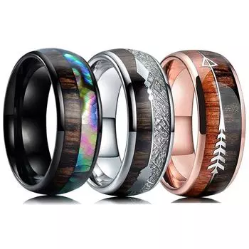 Модные мужские кольца из нержавеющей стали 8 мм, черное матовое дерево коа и морское ушко, инкрустация в виде ракушки метеорита, мужское обручальное кольцо, ювелирные изделия