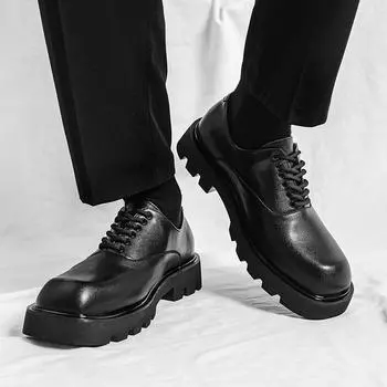 Модные мужские корейские кожаные туфли-оксфорды на платформе, мужские туфли-дерби без застежек, повседневные туфли-лоферы с квадратным носком, деловые туфли 38-48 38 чёрный