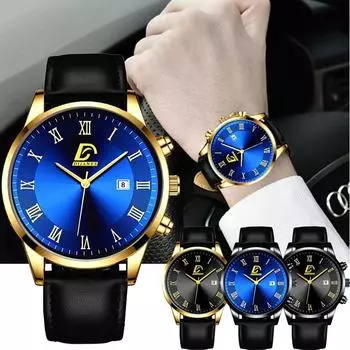 Модные мужские кожаные часы, мужские кварцевые наручные часы с календарем, роскошные мужские повседневные черные часы Relogio Masculino