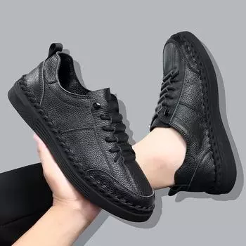 Модные мужские кожаные кроссовки для ходьбы весна-лето новые модные универсальные повседневные туфли на платформе британские кожаные кроссовки мужские туфли без застежек на плоской подошве 38 чёрный