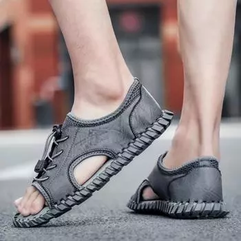 Модные мужские кожаные летние туфли ручной работы, новые большие размеры, мужские удобные уличные сандалии на плоской подошве, тапочки, большие размеры 39-46 40 чёрный