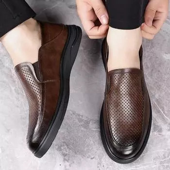 Модные мужские кожаные летние туфли в деловом стиле с вырезами, классические коричневые/черные, удобные туфли для вождения 38 чёрный