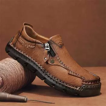 Модные мужские кожаные мокасины в винтажном стиле, повседневная обувь без застежек, нескользящие туфли на плоской подошве для вождения, обувь ручной работы для ходьбы, мокасины для отдыха 38 чёрный