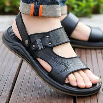 Модные мужские кожаные пляжные туфли, сандалии из натуральной коровьей кожи, нескользящие мужские тапочки, дышащие, двухразового использования, мужские сандалии, обувь 38 коричневый