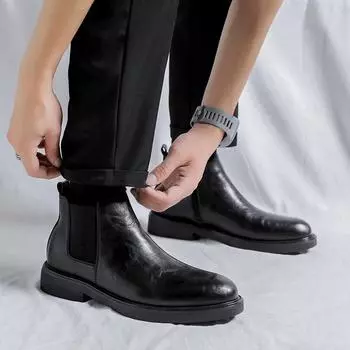 Модные мужские кожаные повседневные туфли без застежек, деловые туфли, мужские ботинки челси, брендовые дизайнерские итальянские повседневные деловые ботильоны 6.5 чёрный