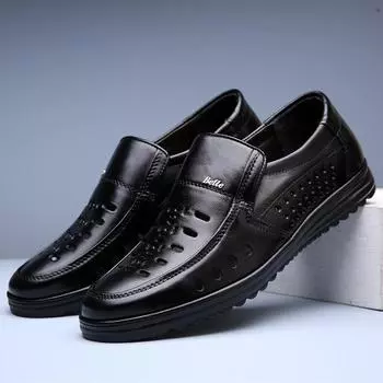 Модные мужские кожаные повседневные туфли, мокасины с открытым носком, мужские высококачественные туфли из коровьей кожи, летние сандалии для мужчин среднего возраста/пожилых людей 38 чёрный