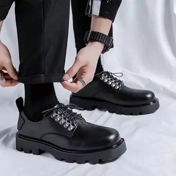 Модные мужские кожаные повседневные туфли на шнуровке, оксфордские туфли, свадебные туфли на плоской подошве, деловые туфли в британском стиле, элегантные мужские туфли для торжеств 38 чёрный