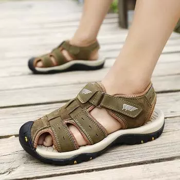 Модные мужские кожаные сандалии летние большие размеры пляжные сандалии тапочки большие размеры 39-46 39 чёрный