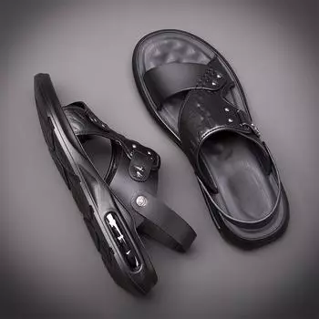 Модные мужские кожаные сандалии, мужские летние новые сандалии, тапочки, пляжная обувь для взрослых на платформе, нескользящие сандалии с открытым носком 38 чёрный