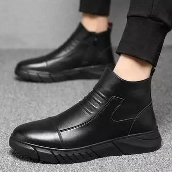 Модные мужские кожаные туфли без застежек, модные универсальные короткие ботильоны, британские версии, мужские туфли с острым носком из плюша и теплого хлопка 38