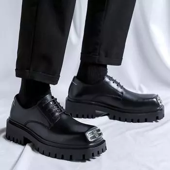 Модные мужские кожаные туфли на толстой подошве. Модный и индивидуальный дизайн. Стильная обувь для отдыха и бизнеса. Обувь, увеличивающая рост. 38 чёрный