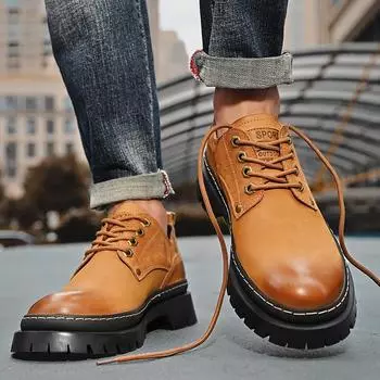 Модные мужские кожаные туфли на толстой подошве. Универсальный модный стиль. Дизайнерская мужская обувь. Кожаная обувь для ходьбы. Универсальная обувь для вечеринок на открытом воздухе. 38 чёрный