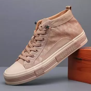 Модные мужские кроссовки, мужские парусиновые ботинки с высоким берцем, осень 2024, повседневная обувь с мягкой стелькой на шнуровке, весенне-осенняя обувь с резиновой подошвой 38 бежевый