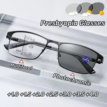 Модные мужские квадратные очки для чтения с металлической оправой, изменяющие цвет, с антисиним индексом преломления света от +1,0 до +4,0 +250