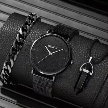 Модные мужские кварцевые часы, мужские часы из нержавеющей стали с сетчатым ремешком, деловые мужские наручные часы, комплект с браслетом и ожерельем