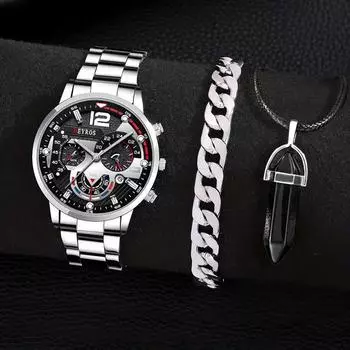 Модные мужские кварцевые часы Мужские часы с ремешком из нержавеющей стали Деловой человек Кварцевые наручные часы Браслет Ожерелье Набор Мужские часы с датой