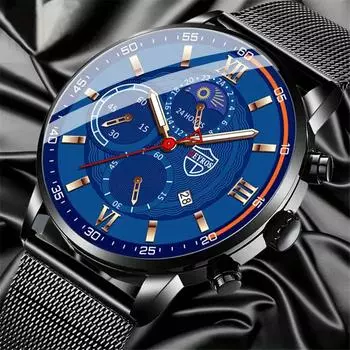 Модные мужские кварцевые часы с календарем, мужские спортивные наручные часы из нержавеющей стали с сетчатым ремешком, мужские подарки
