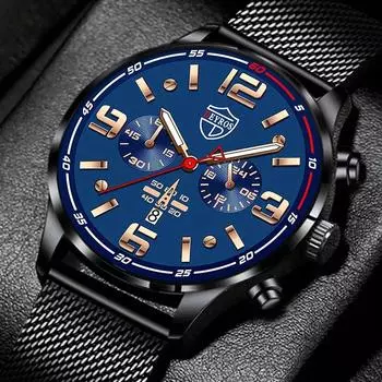 Модные мужские кварцевые часы с календарем, повседневные мужские кварцевые наручные часы с сетчатым ремешком из нержавеющей стали