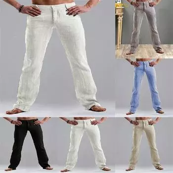 Модные мужские льняные брюки с карманами, прямые, однотонные, удобные, повседневные, свободные брюки S белый