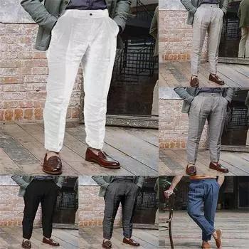 Модные мужские льняные пляжные брюки с косыми карманами, однотонные, удобные, дышащие, повседневные брюки для активного отдыха S белый